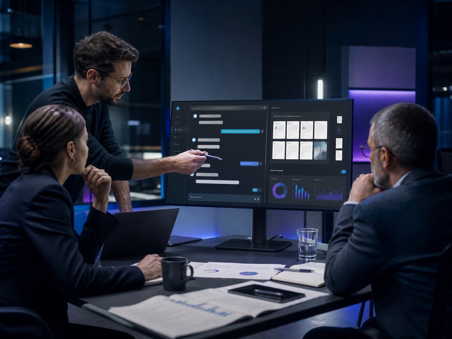 Equipo empresarial revisando un asistente de inteligencia artificial